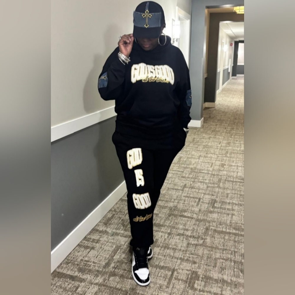 Black Sweatsuit with Denim Accents, Patches And Crosses.